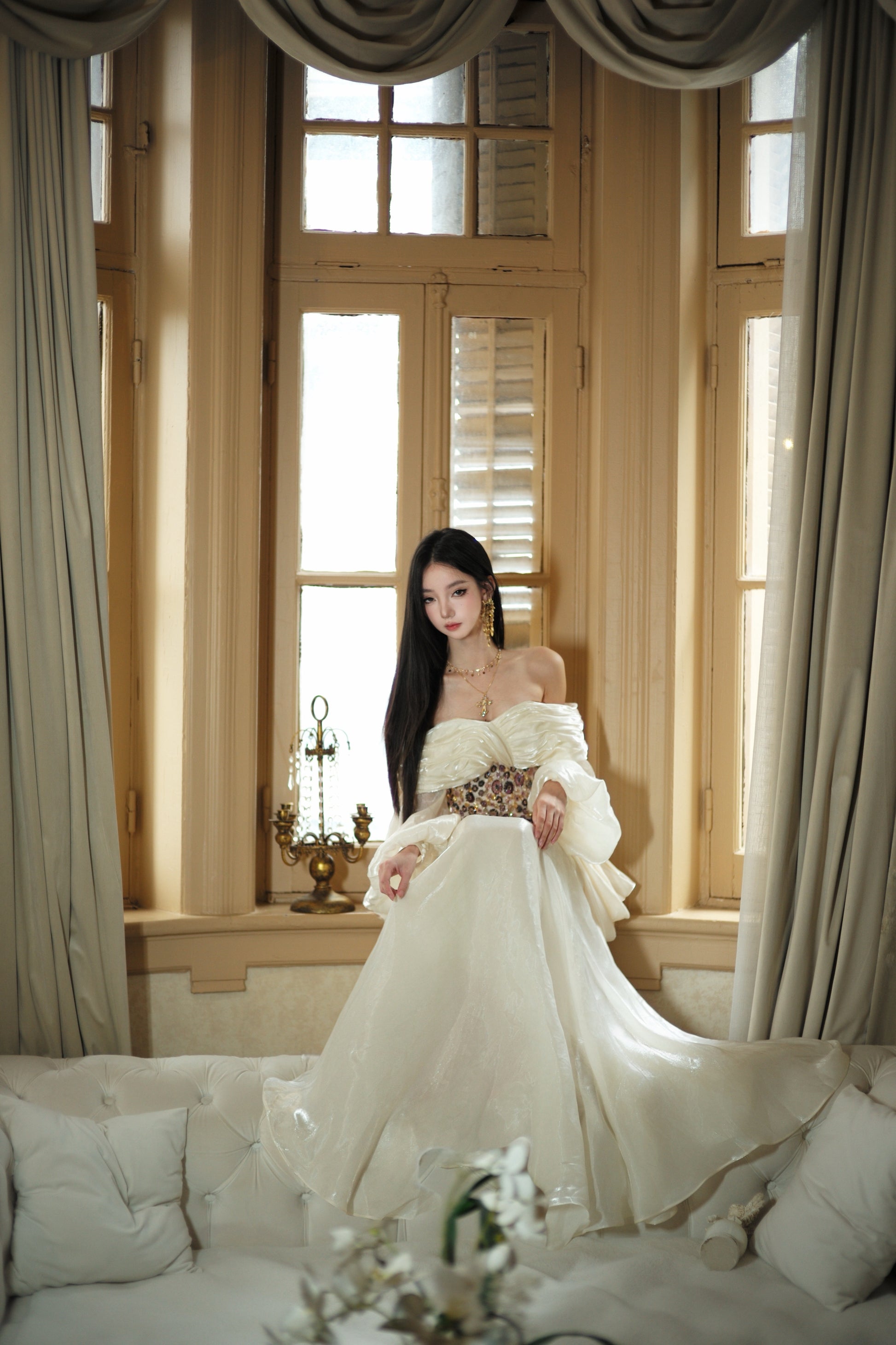 Luxurious Beaded Waist Cinching Satin Dress With Draped Strapless Bodice Y121