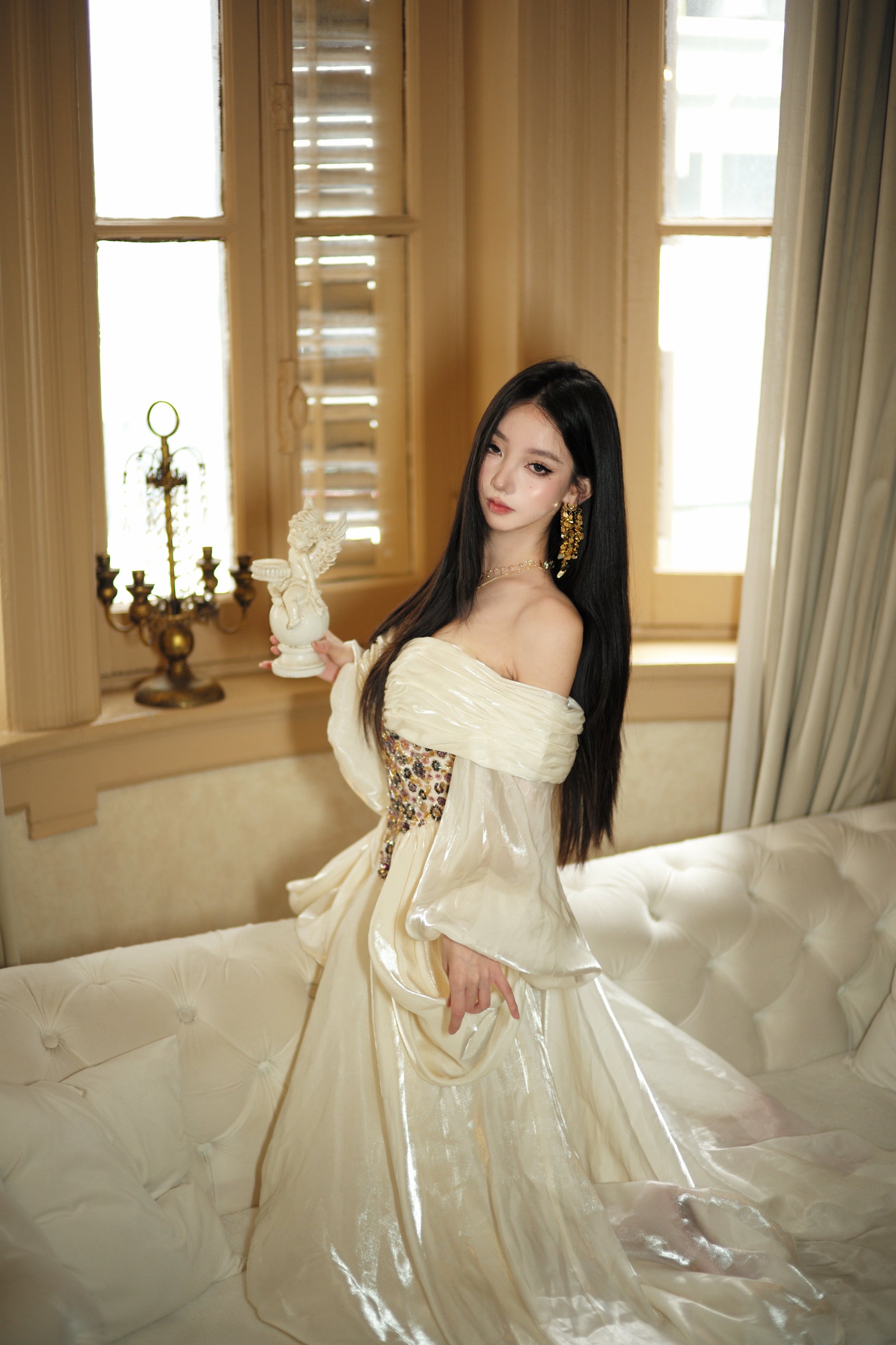 Luxurious Beaded Waist Cinching Satin Dress With Draped Strapless Bodice Y121