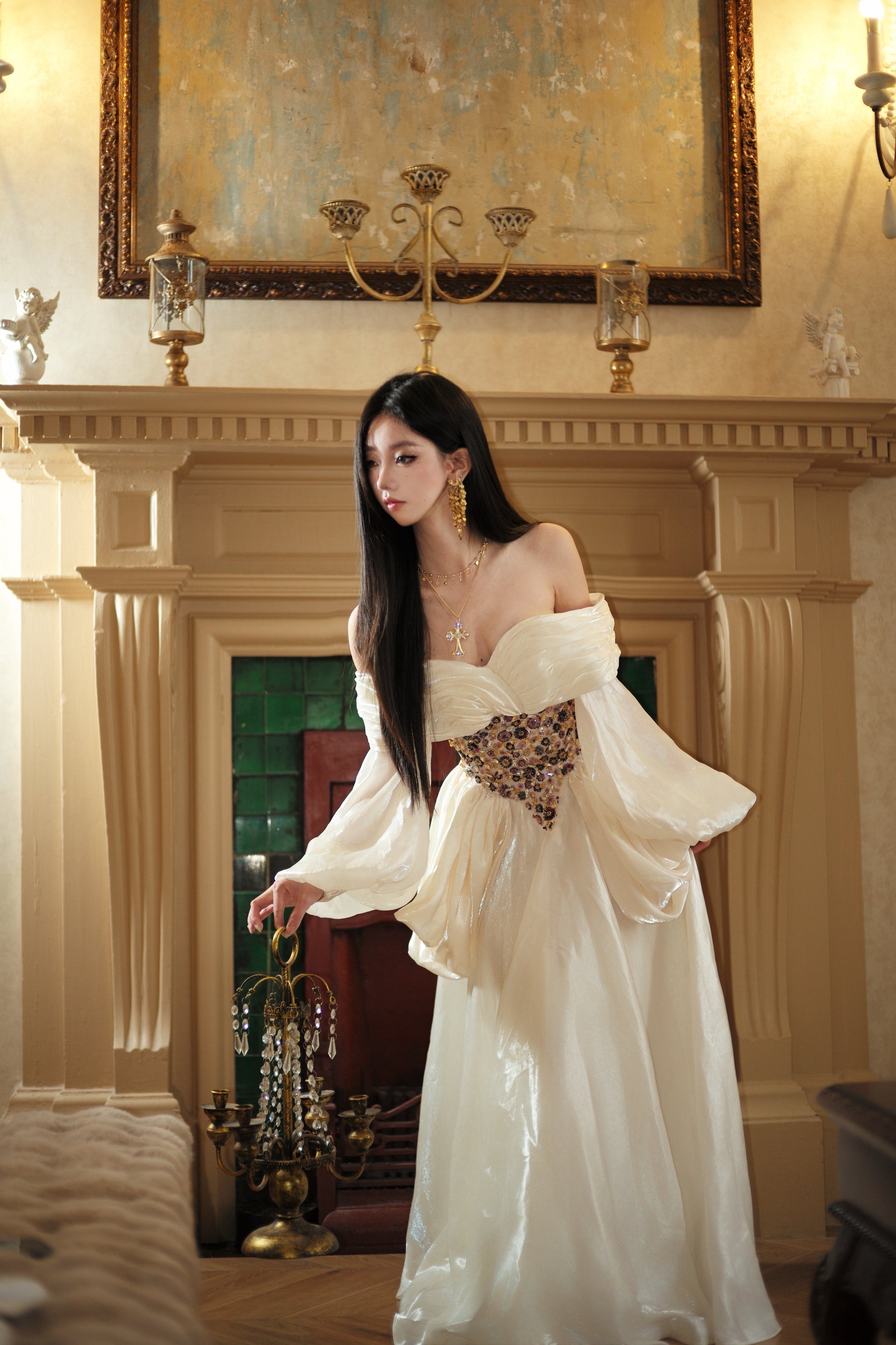 Luxurious Beaded Waist Cinching Satin Dress With Draped Strapless Bodice Y121