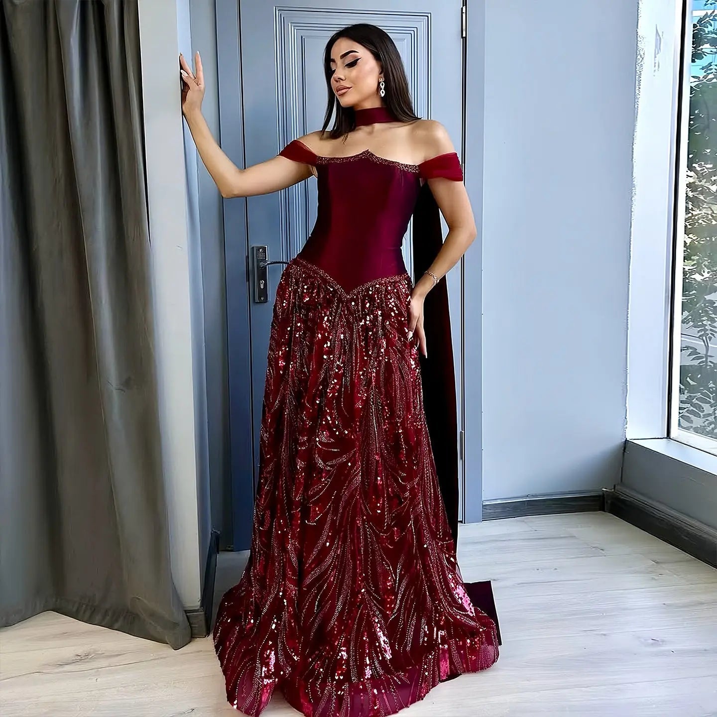 Luxury Off-Shoulder Sequin Evening Gown with Choker Scarf SL174