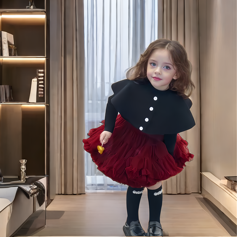 Little Princess Black Capelet Top Voluminous Red Skirt Outfit for Chrismas