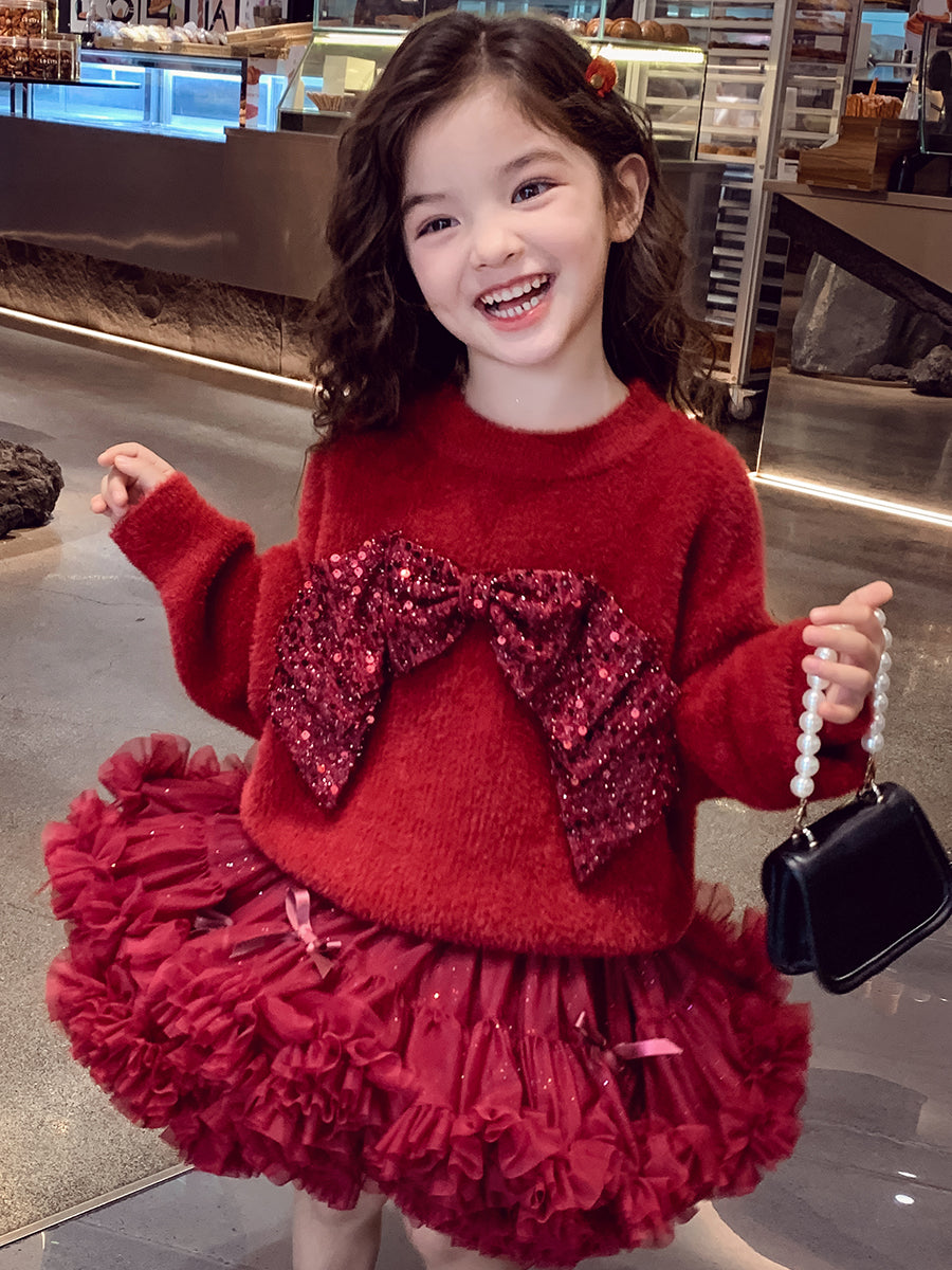 Little Princess Sparkling Red Two Piece Knit Top and Voluminous Tulle Skirt for Chrismas