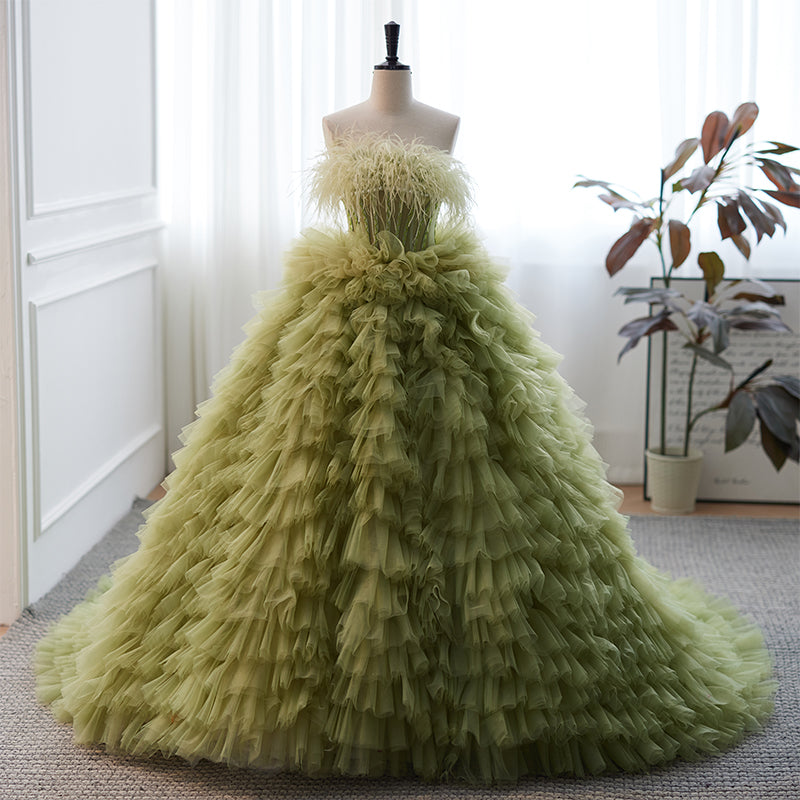 Green Tiered Tulle Evening Dress with Feather Strapless Neckline E033