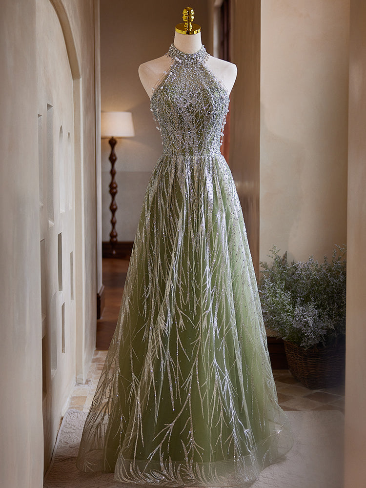 Green Halter Neck Evening Dress with Silver Beadwork E030