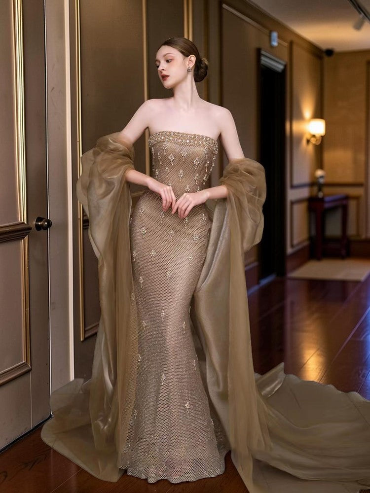 Champagne Beaded Strapless Mermaid Evening Dress with Tulle Shawl E014