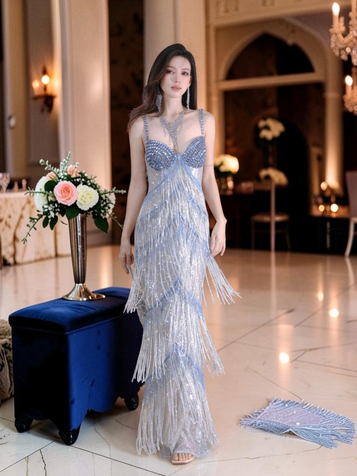 Silver Blue Beaded Spaghetti Strap Column Evening Gown with Crystal Fringe YL130