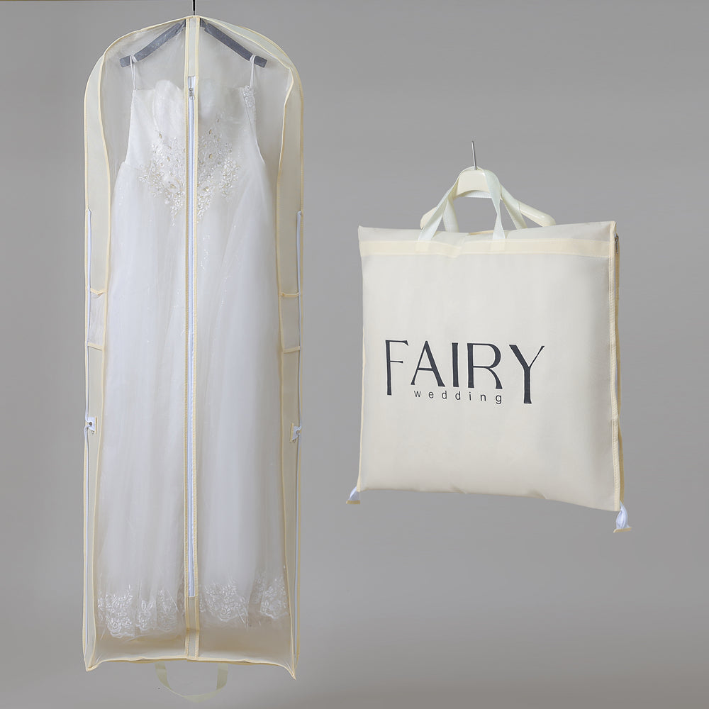 Wedding Dress Storage Bag with Zipper Large Dustproof Cover in Beige Custom Printed Logo Garment Protector