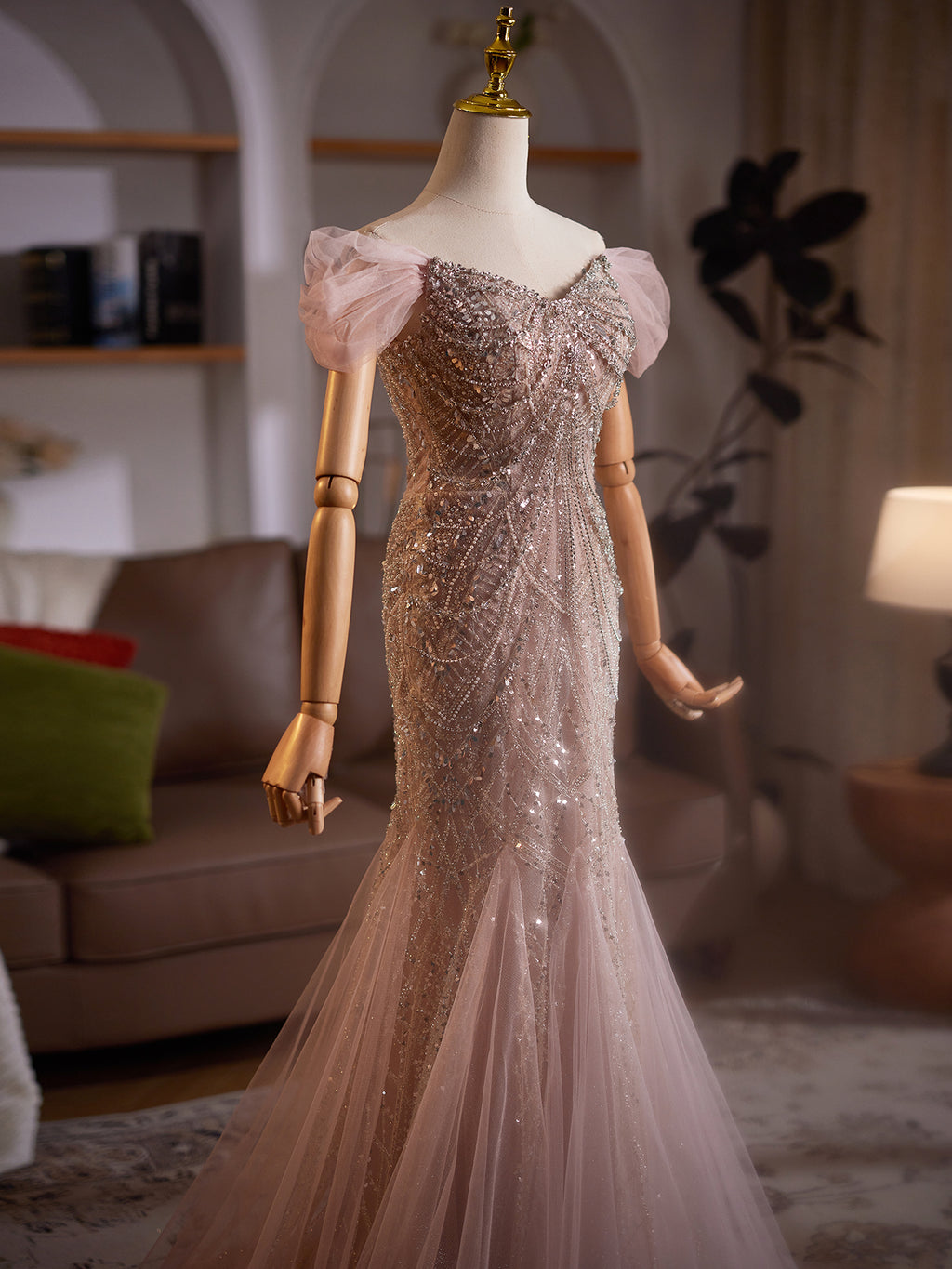 Pink Beaded Mermaid Evening Dress with Off - Shoulder Tulle Sleeves E032