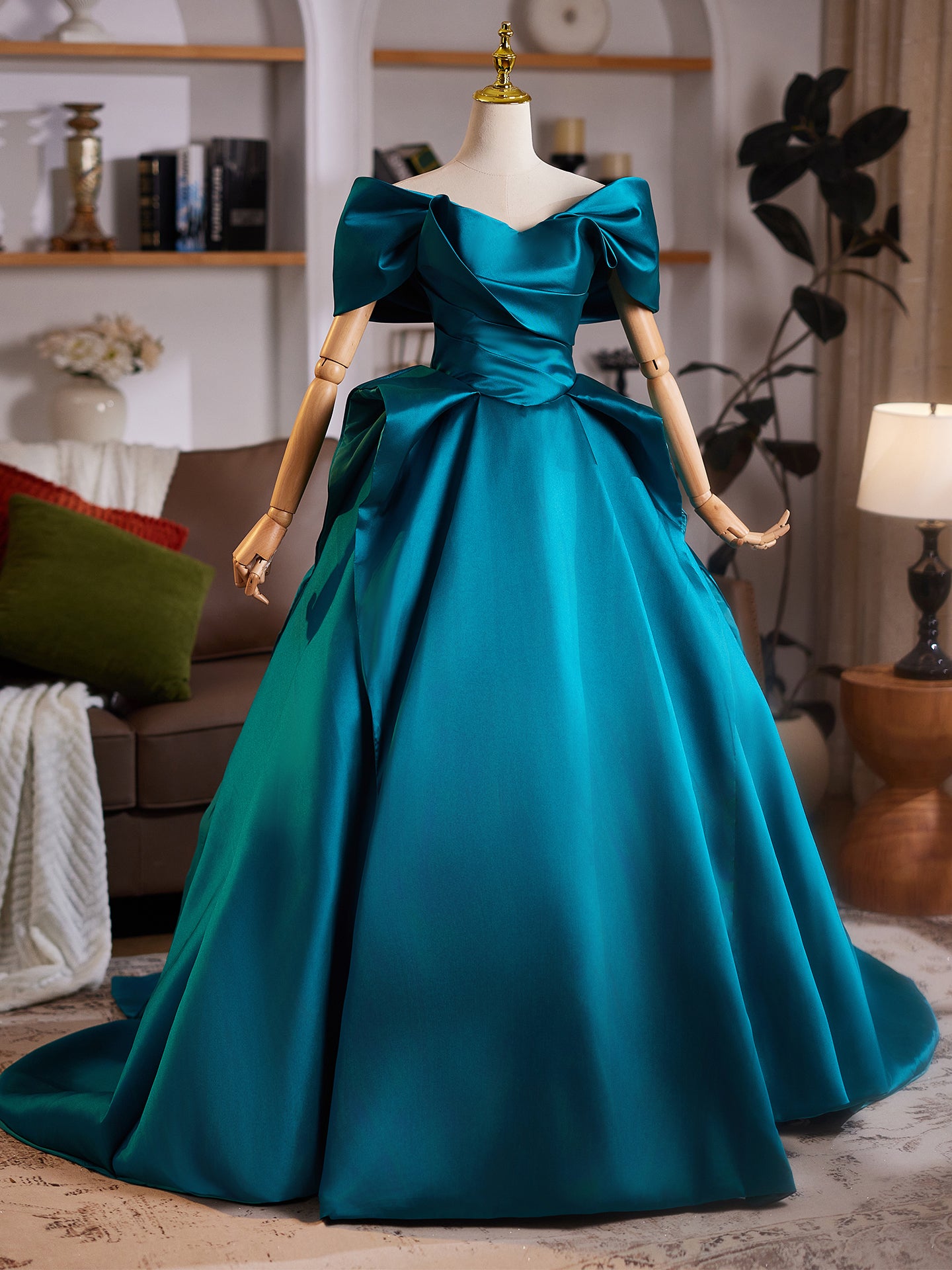 Teal Off Shoulder Satin Evening Dress with Bow Details E039