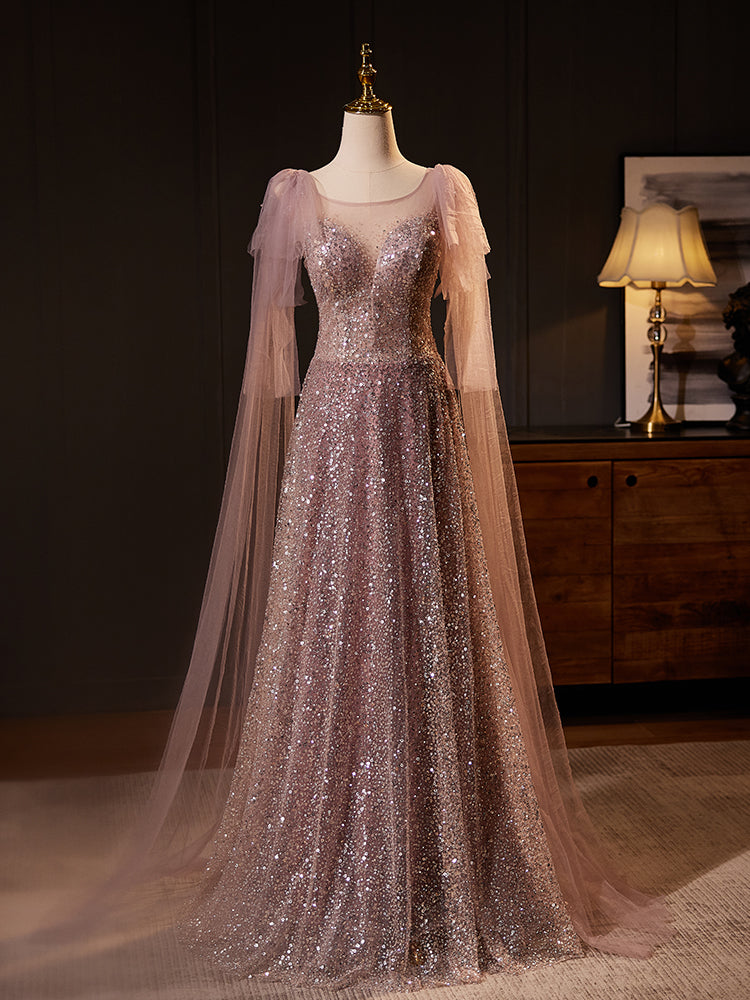 Pink Sequined Evening Dress with Sheer Cape Sleeves E029