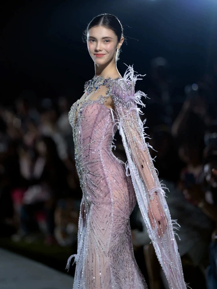 Sparkling Pink Mermaid Dress with Feather Details with Sheer Cape Sleeves SL143