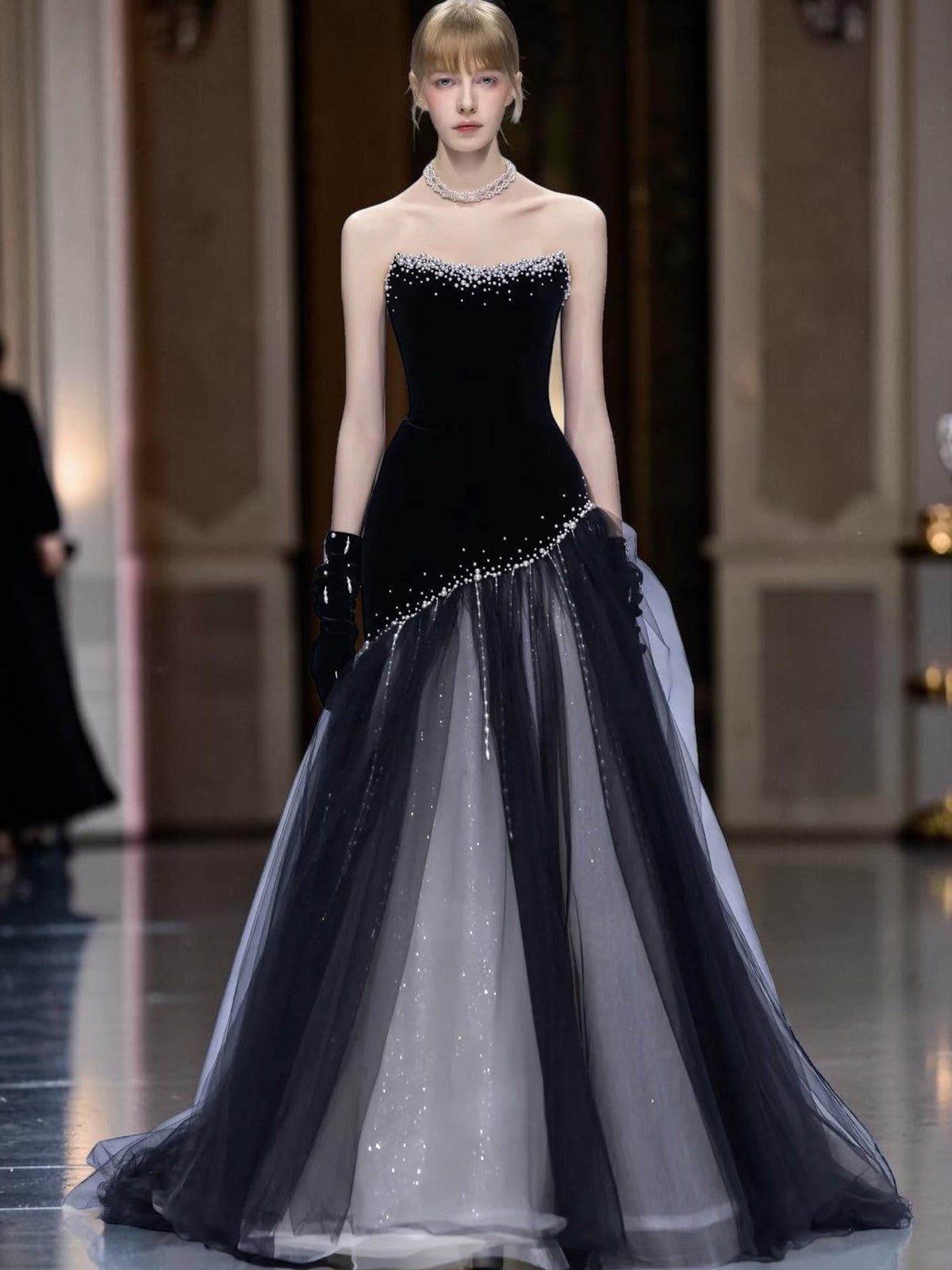 High-End Midnight Velvet Pearl Stardust Evening Dress YJ122