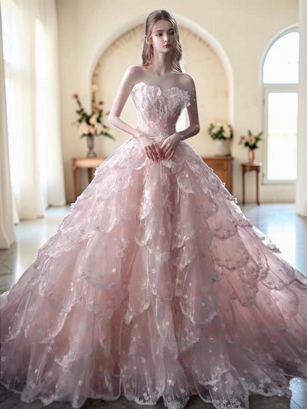 Luxury Blush Pink 3D Floral Layered Tulle Ball Gown Evening Dress YL146
