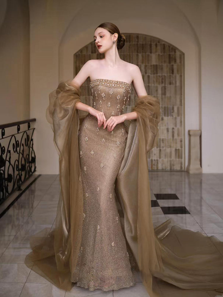 Champagne Beaded Strapless Mermaid Evening Dress with Tulle Shawl E014