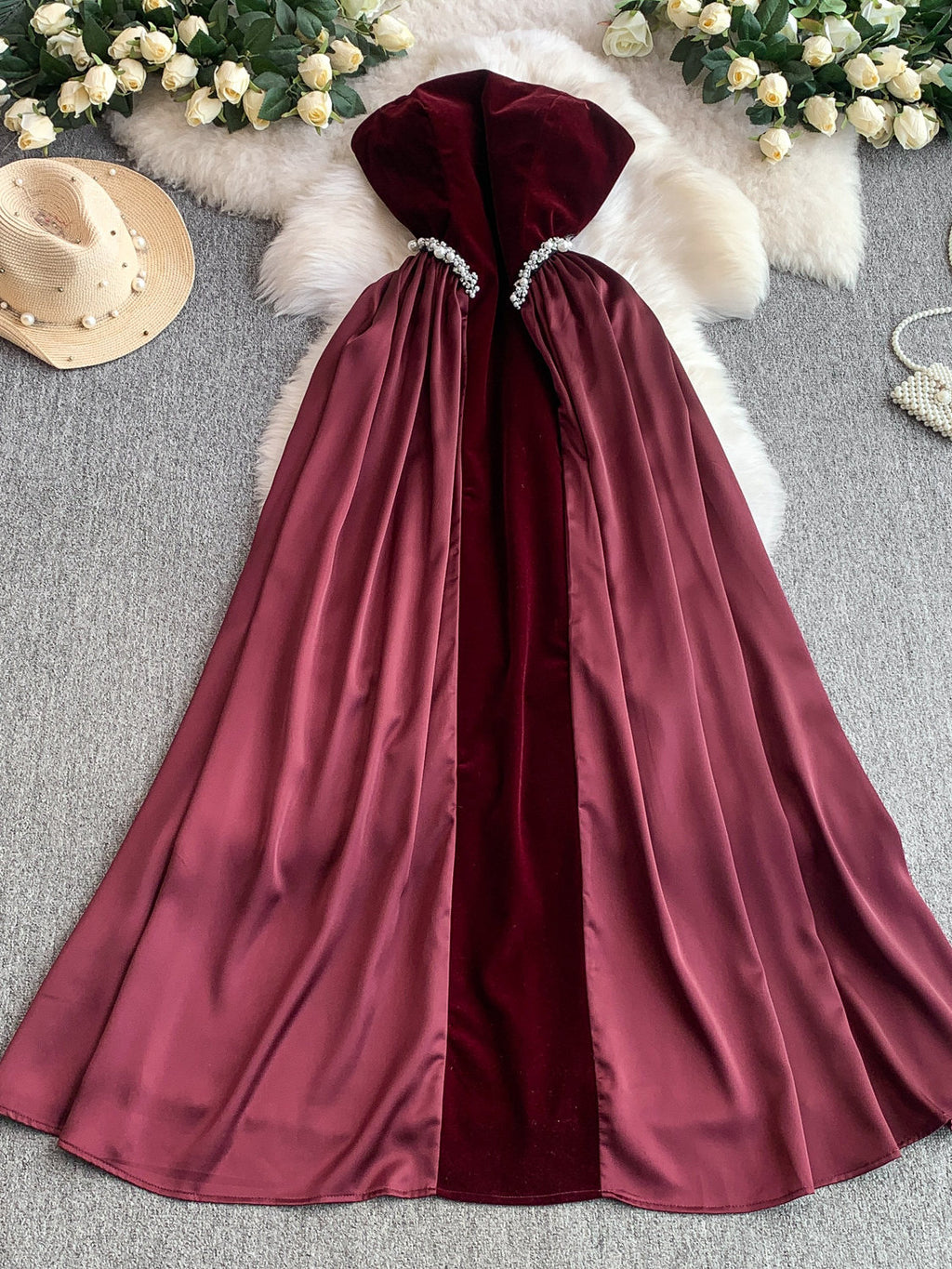 Elegant Burgundy Strapless Evening Dress SY137
