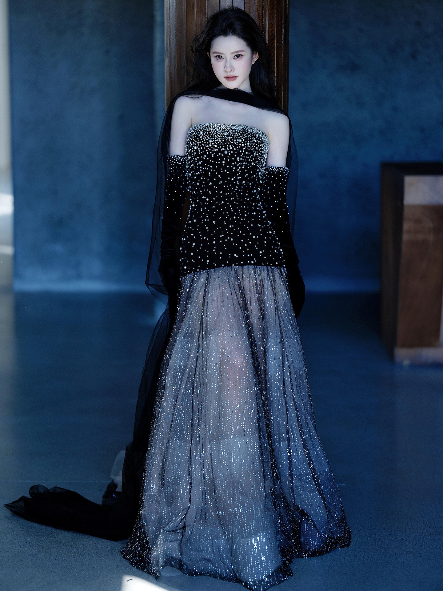 Luxury Black Pearl Embellished Midnight Princess Evening Dress YJ122