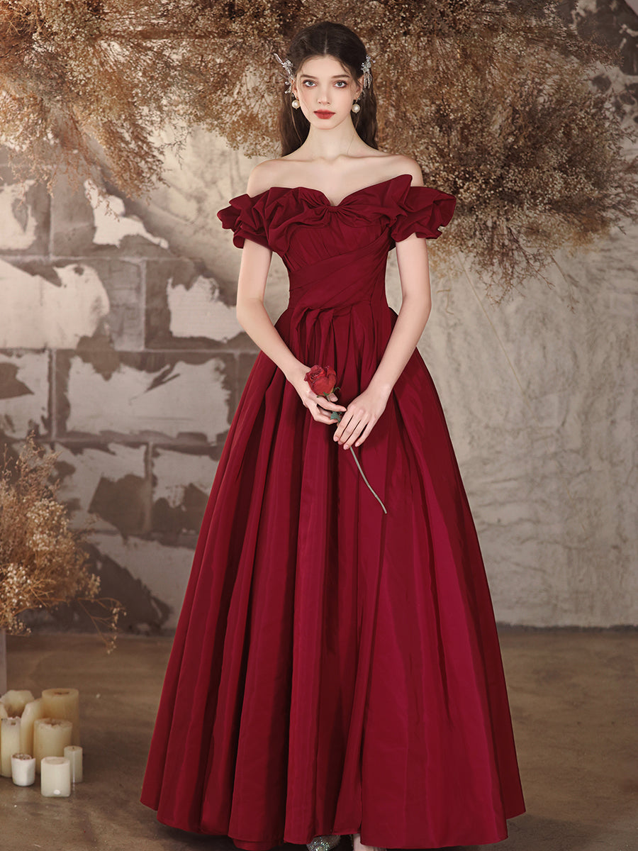 Burgundy Off - Shoulder Ruffled Ball Gown Evening Dress E016