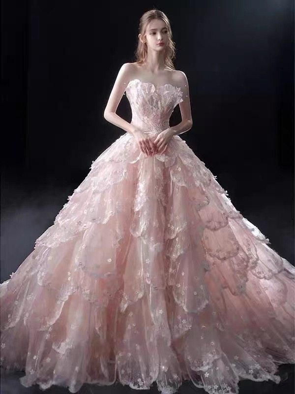 Luxury Blush Pink 3D Floral Layered Tulle Ball Gown Evening Dress YL146