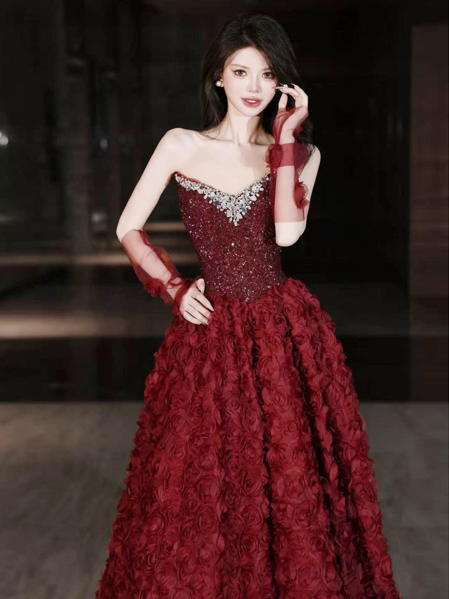 Stunning Burgundy Rose Couture Gown 2026 New Year Gala Red Carpet Masterpiece CM118