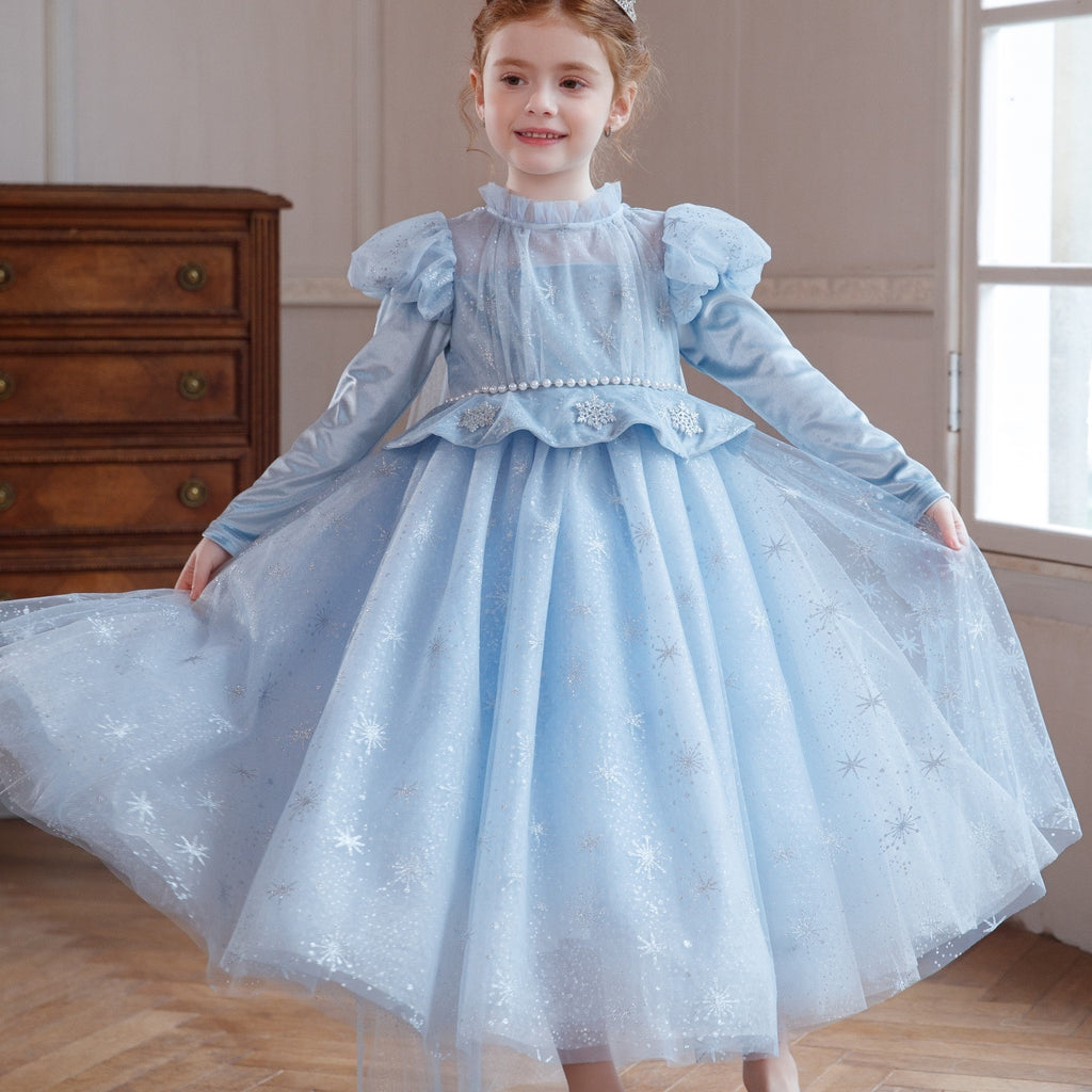 New Arrival Girls' Light Blue Sequin Tulle Dress Premium Puffy Christmas Birthday Formal Wear