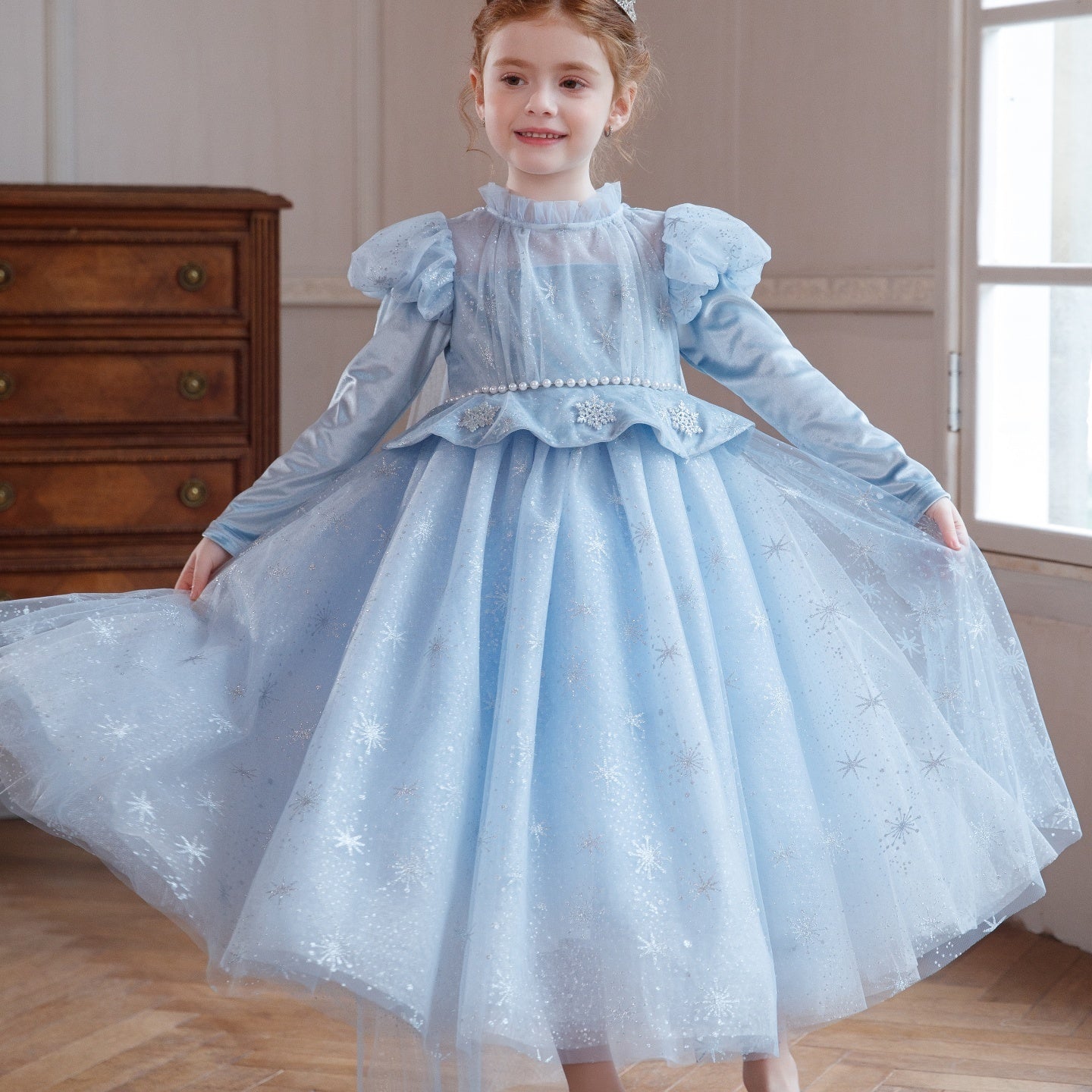 New Arrival Girls' Light Blue Sequin Tulle Dress Premium Puffy Christmas Birthday Formal Wear