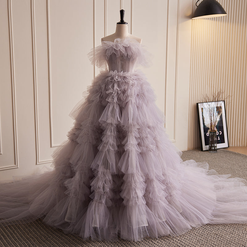 Lavender Off - Shoulder Tiered Tulle Evening Dress E025
