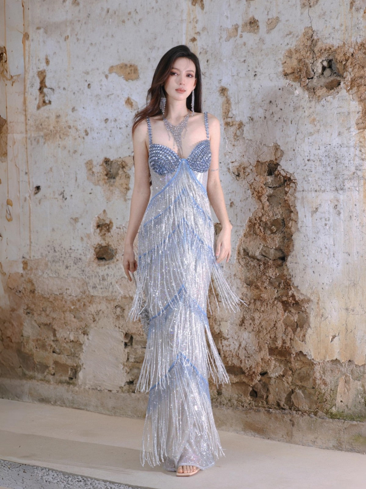 Silver Blue Beaded Spaghetti Strap Column Evening Gown with Crystal Fringe YL130