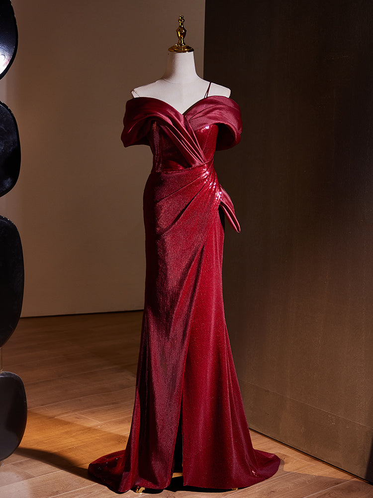 Red Off Shoulder Mermaid Evening Dress with Ruffle Detail E044
