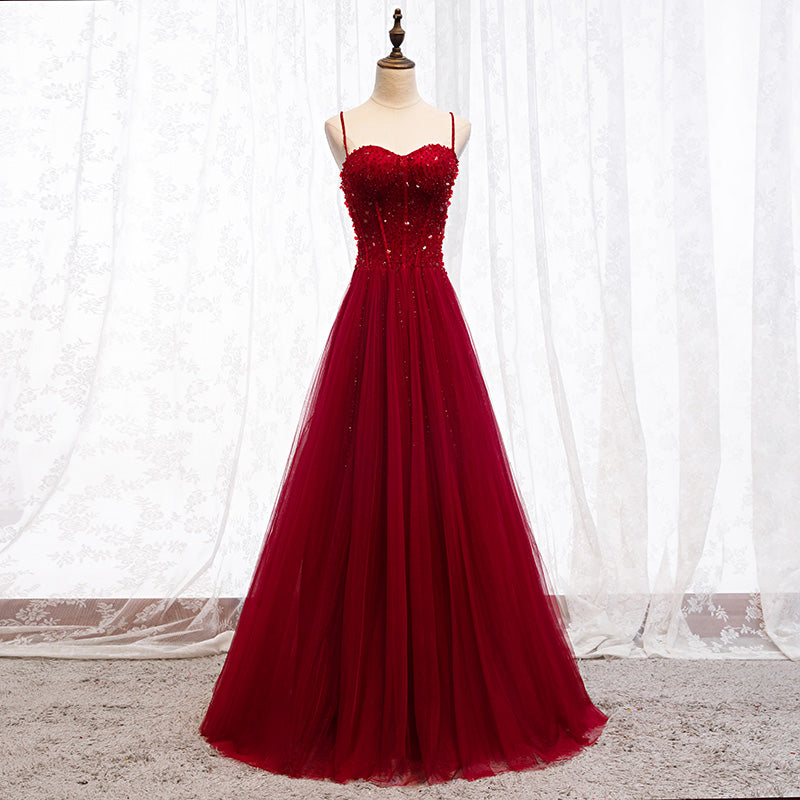 Red Spaghetti Strap Evening Dress with Beaded Bodice E038
