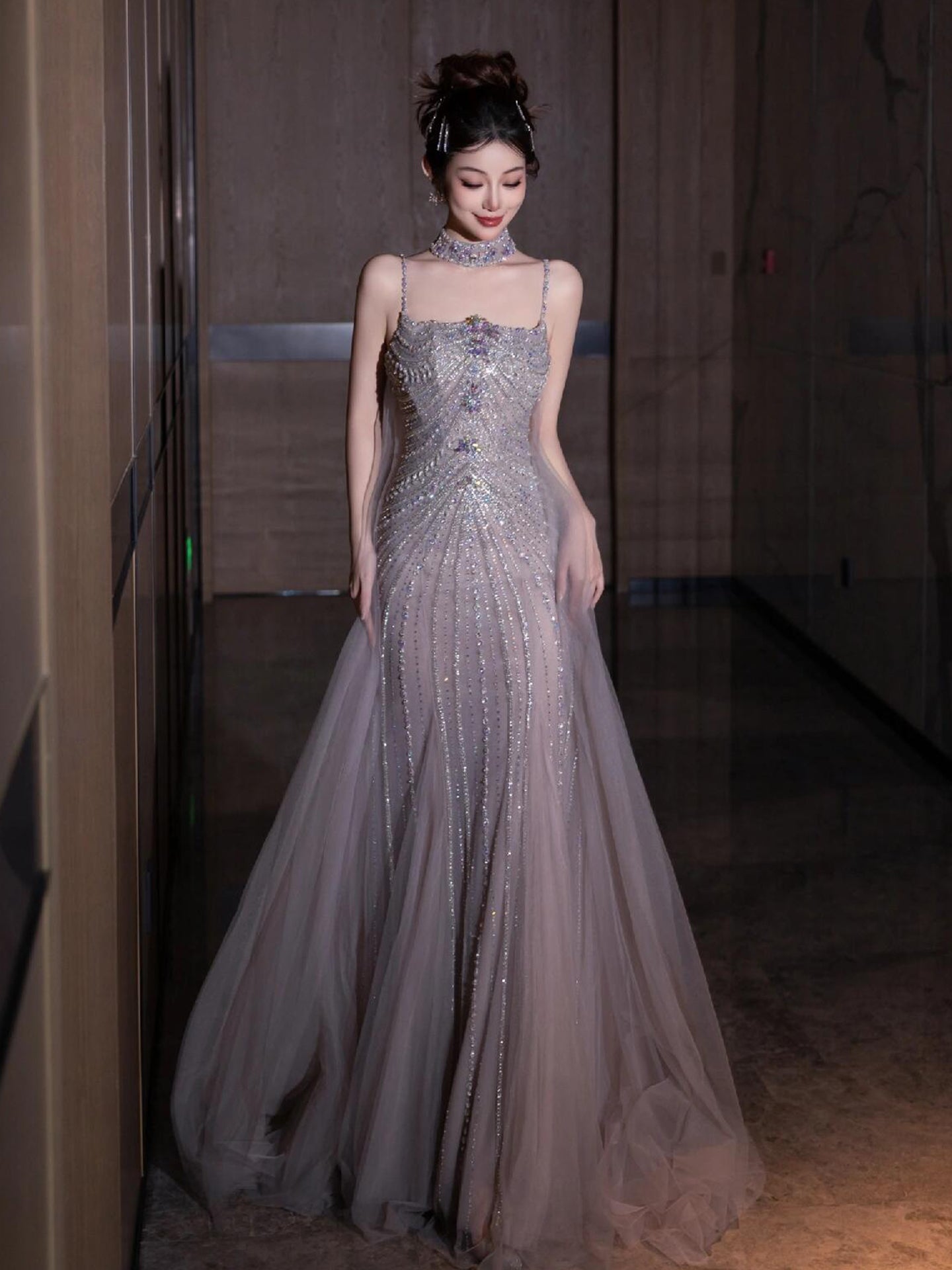 Sparkling Beaded Tulle Mermaid Evening Dress E006