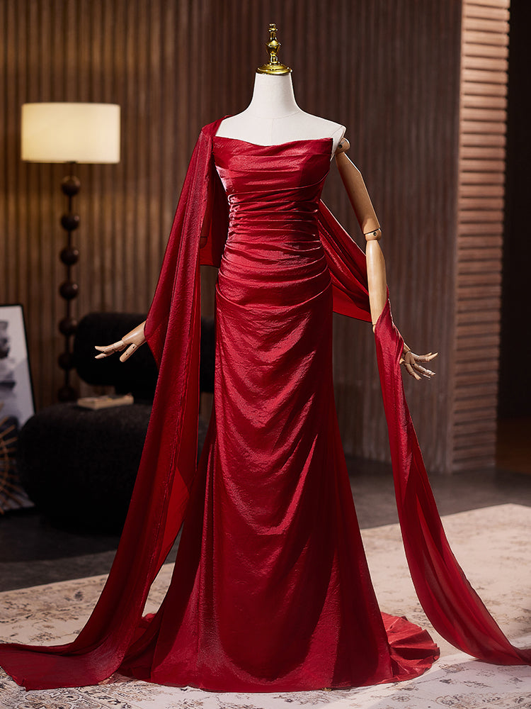 Red Satin Evening Dress with Draped Sleeves E047