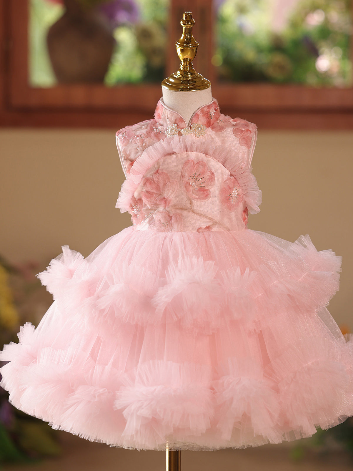 Princess Pink 3D Flowers Girl Pageant Dress For Birthday Party SL113