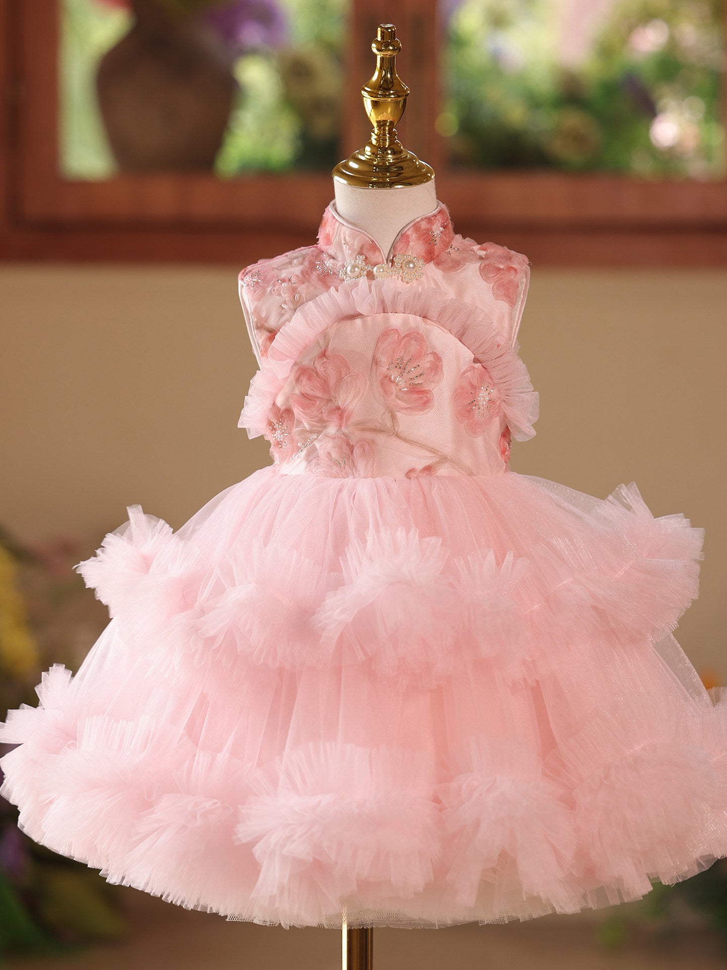 Princess Pink 3D Flowers Girl Pageant Dress For Birthday Party SL113