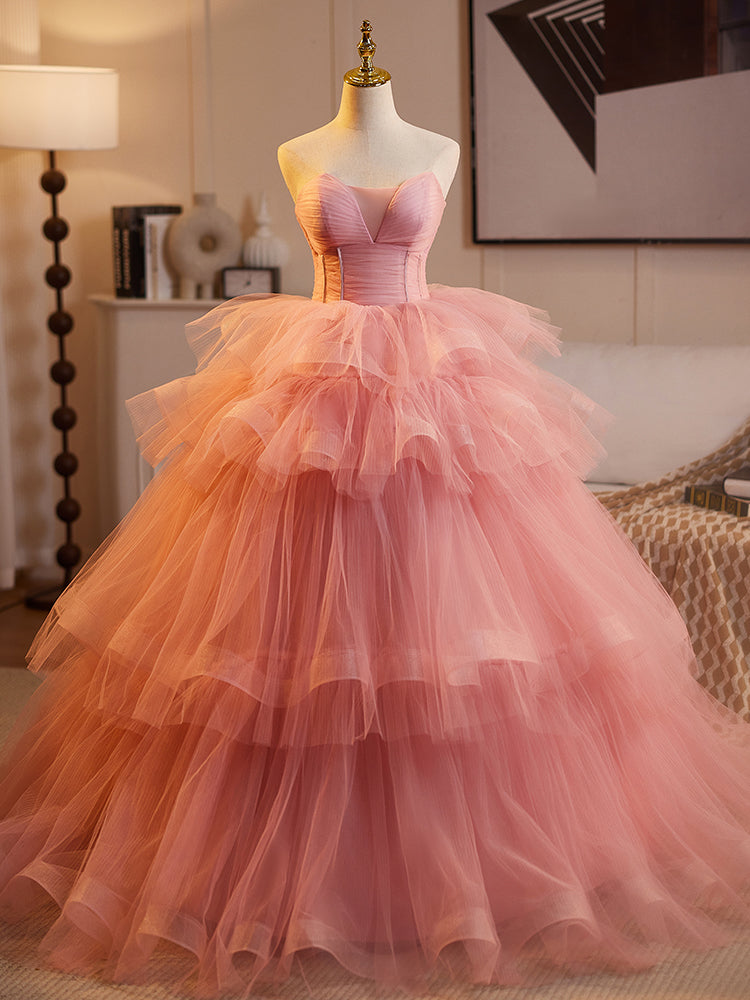 Pink Tiered Tulle Ball Gown Evening Dress E048