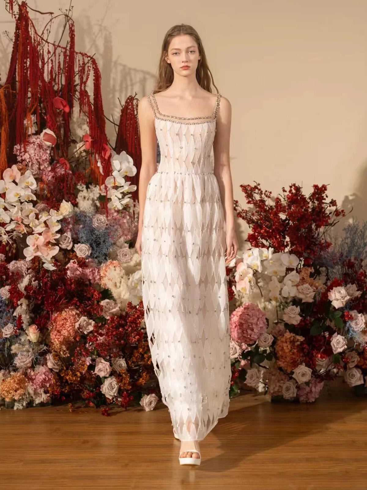 Sleeveless Diamond Patterned Sheer Evening Dress E003