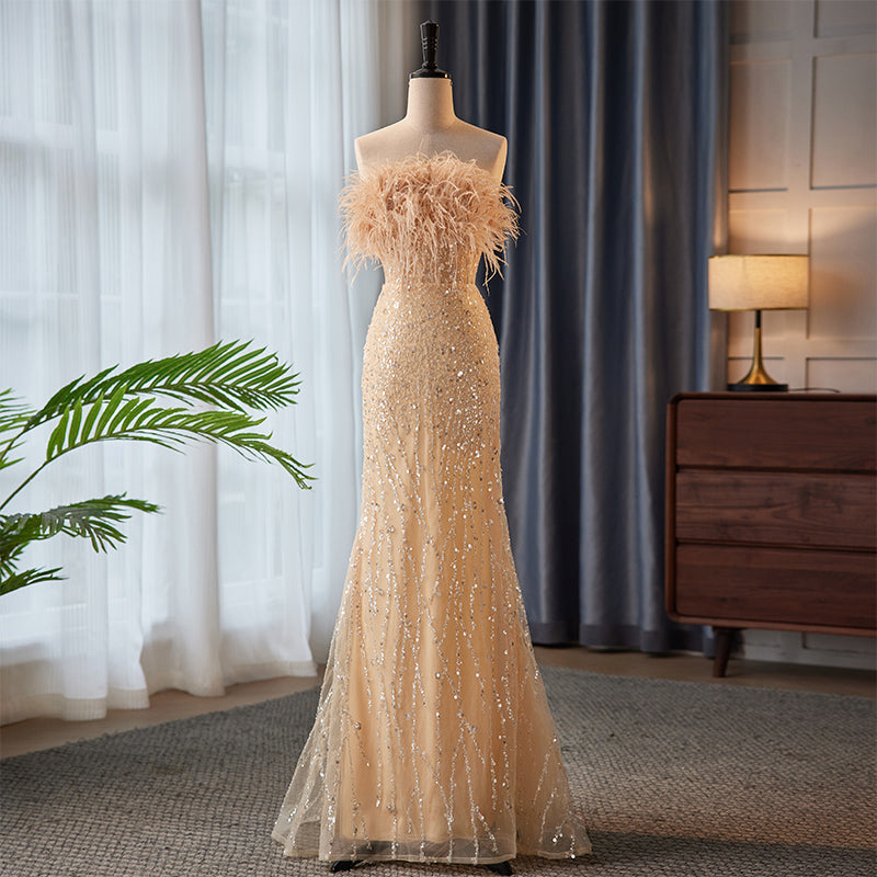 Champagne Feather - Trimmed Evening Dress with Sequins E037
