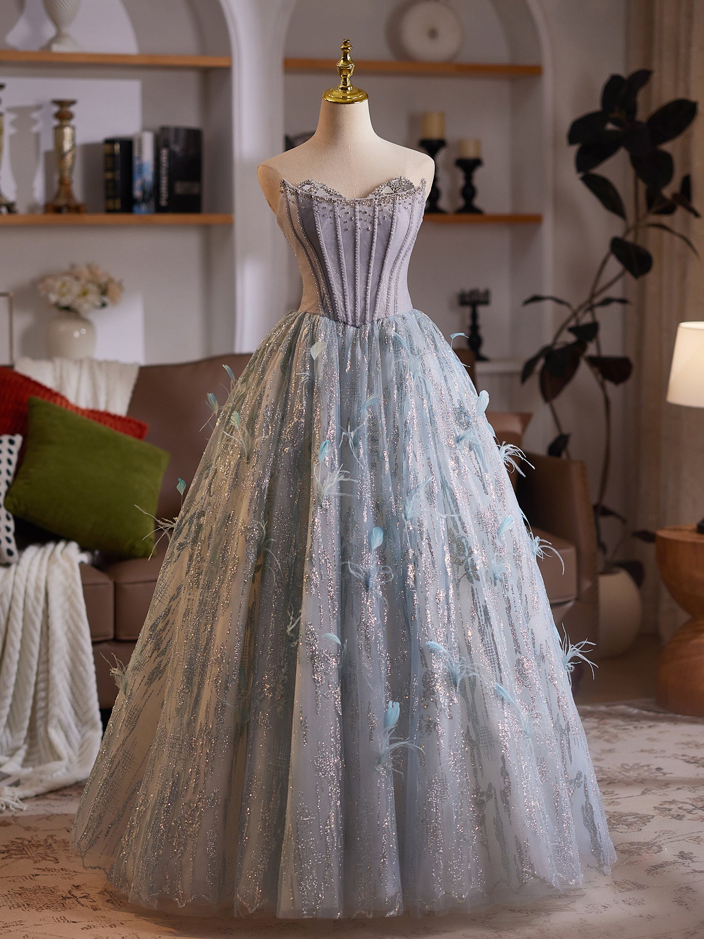 Gray Tulle Evening Dress with Feather & Sequin Details E031