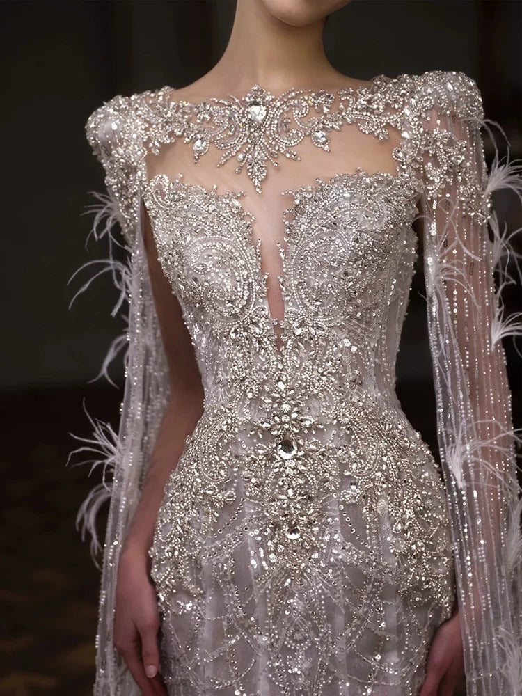 Luxury Silver Beaded Mermaid Wedding Dress with Feather Cape Sleeves SL130