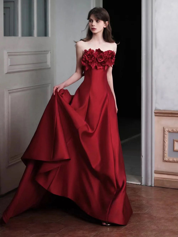 Strapless 3D Floral Satin Evening Dress E015