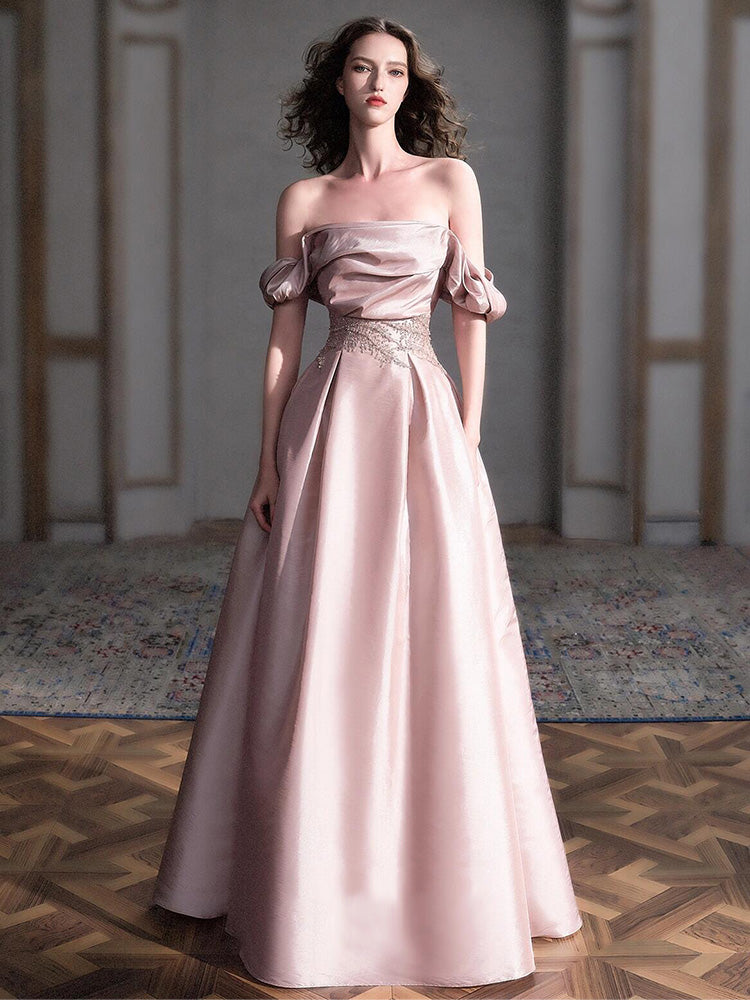 Blush Pink Off Shoulder Satin Evening Dress with Embroidered Waist E052