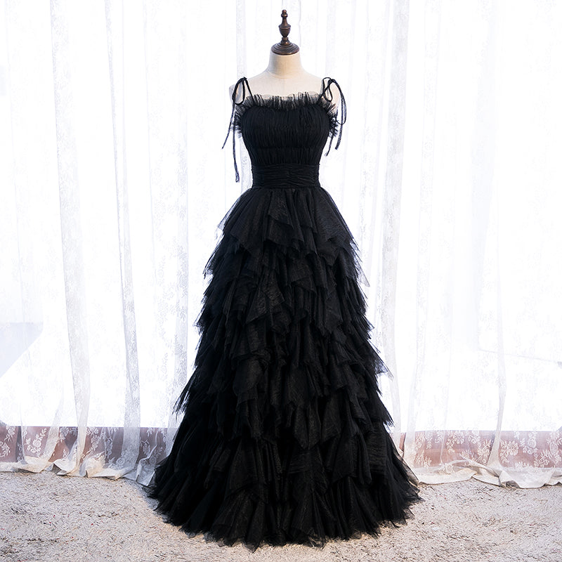 Black Tiered Tulle Evening Dress with String Straps E045