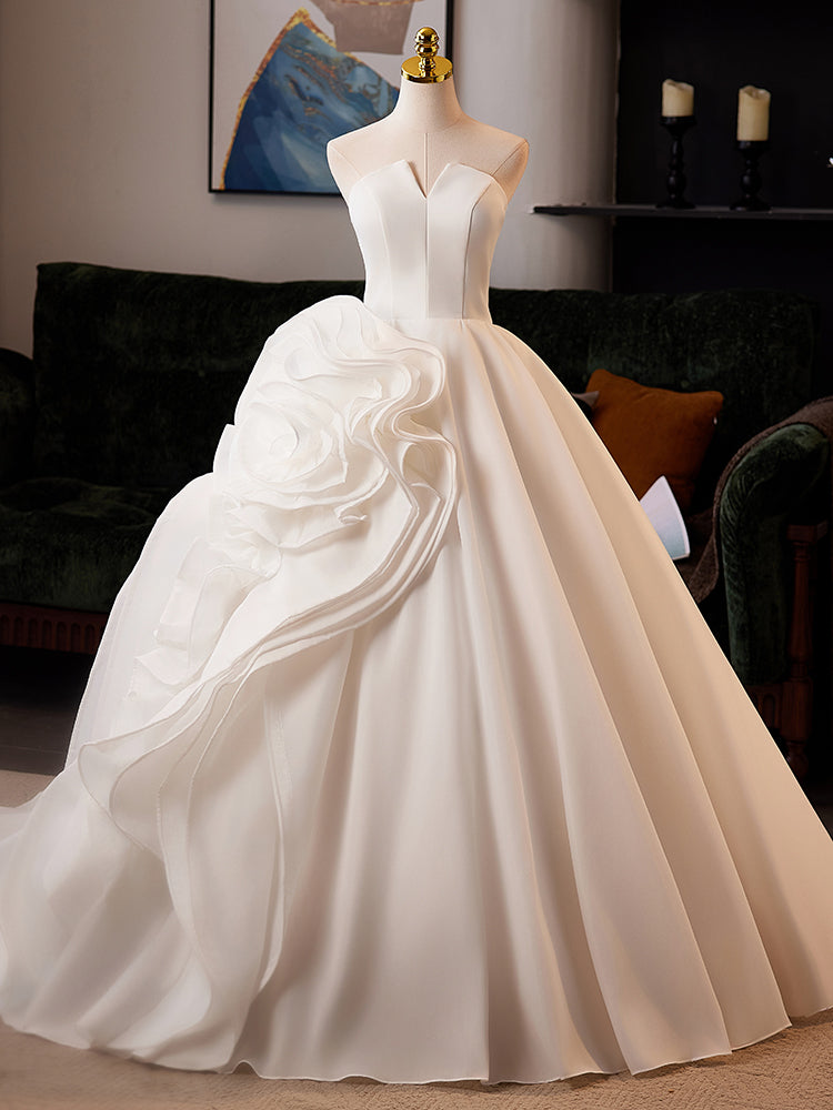 White Strapless Evening Dress with Large Floral Detail E056