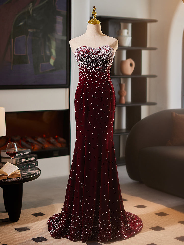 Burgundy Strapless Evening Dress with Pearl Embellishments E035