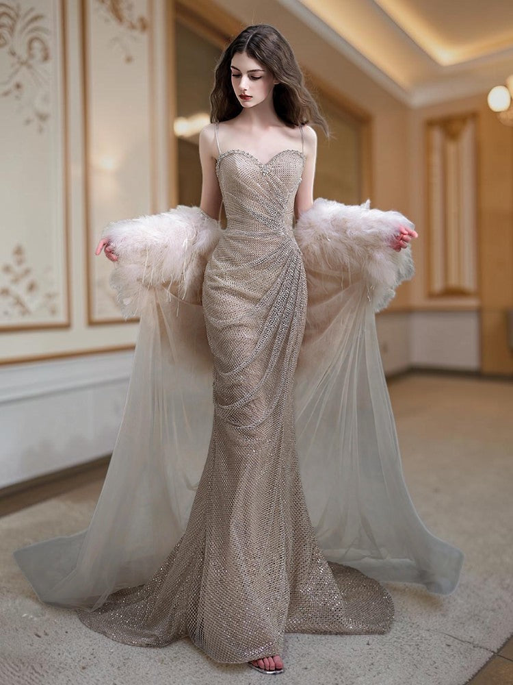 Glamorous Beaded Spaghetti Strap Evening Dress with Feather Cape E012