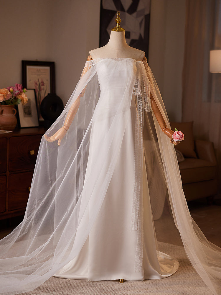 White Off Shoulder Evening Dress with Sheer Cape Sleeves E041