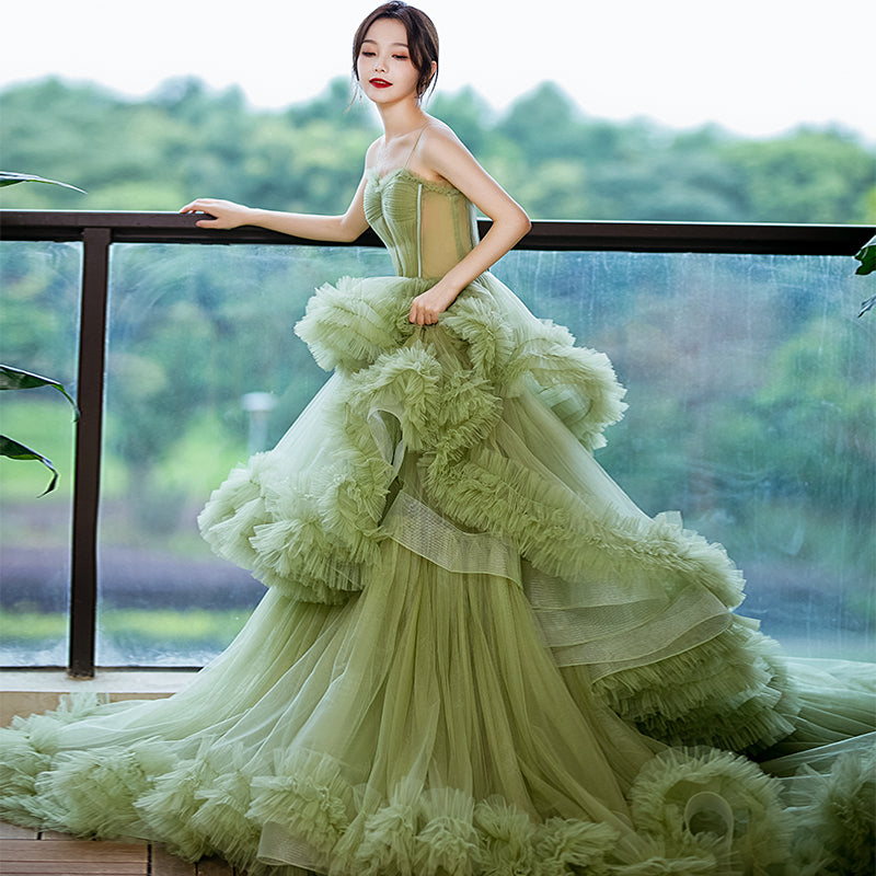 Green Tulle Ruffled Spaghetti Strap Evening Dress E009