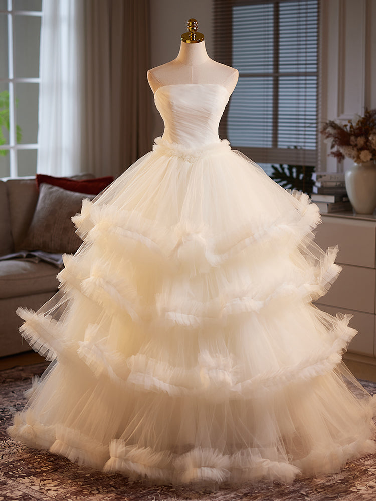 Ivory Strapless Tiered Tulle Evening Dress E026