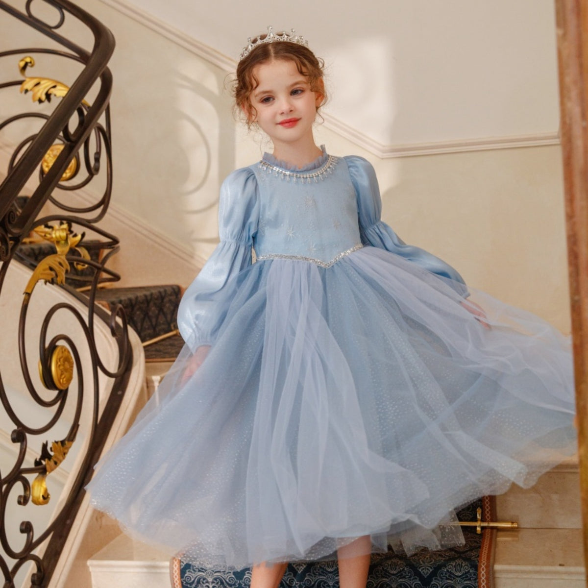 Girls' Winter Elsa Princess Dress with Cape Christmas Frozen-Themed Birthday Party Dress