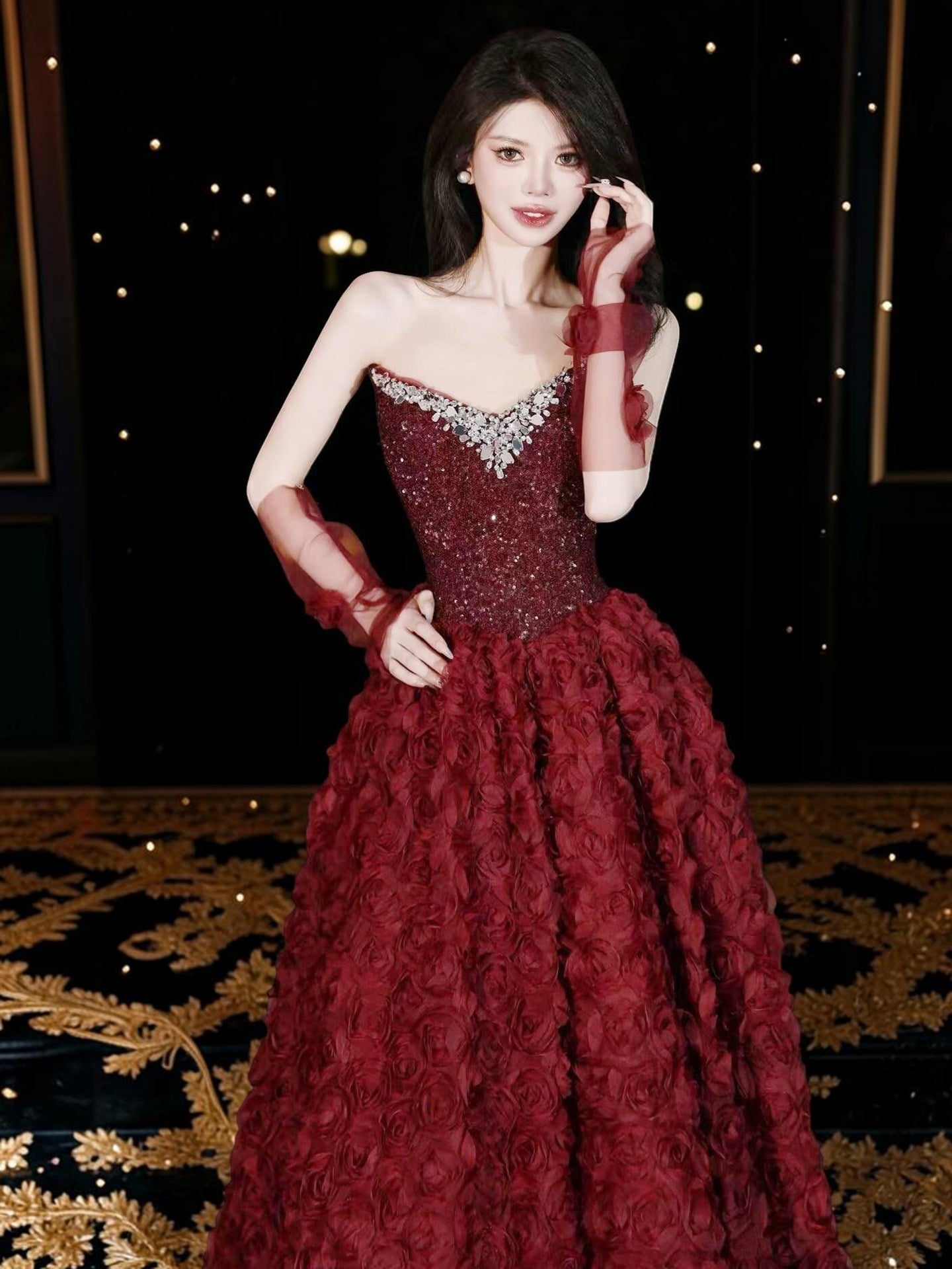 Stunning Burgundy Rose Couture Gown 2026 New Year Gala Red Carpet Masterpiece CM118