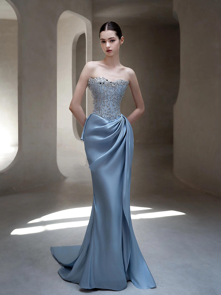 Strapless Beaded Bodice Satin Evening Dress with Draped Train E017